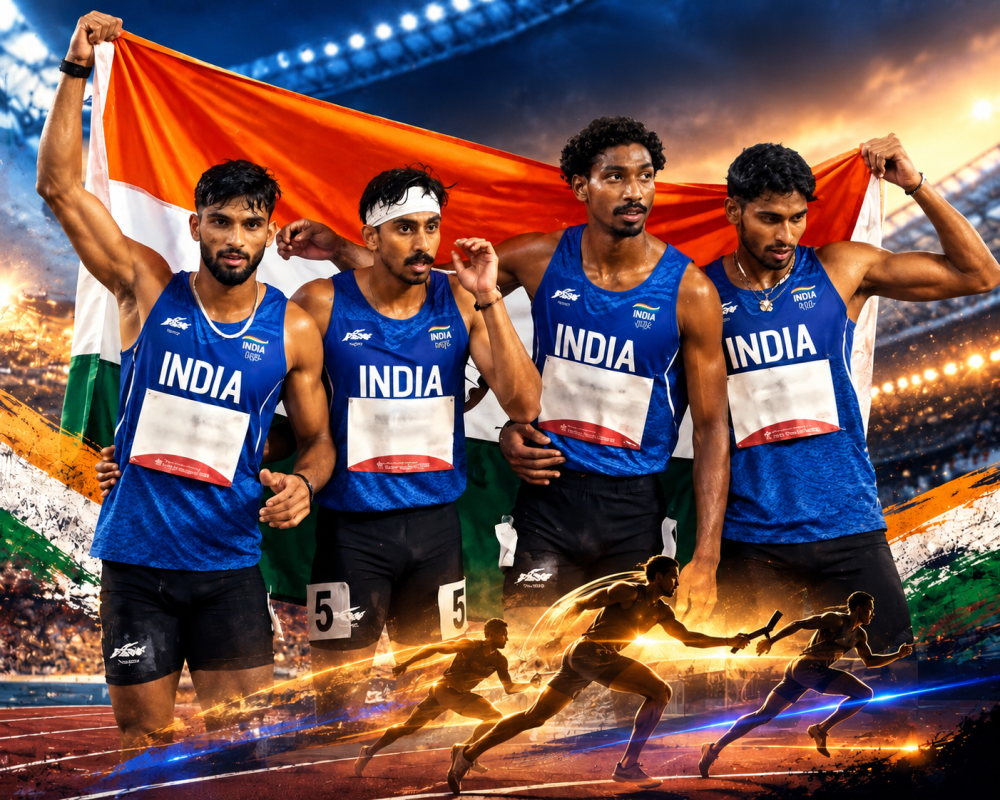 India’s Men’s 4×400m Relay team celebrates after winning bronze at the 2026 Asian Games