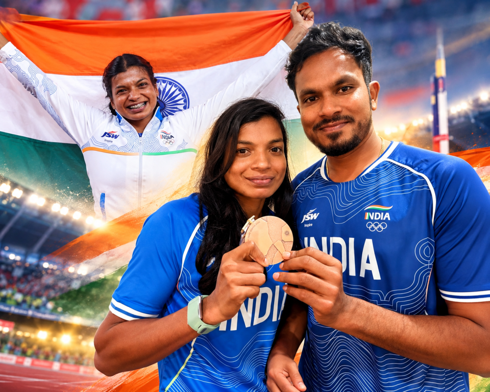Baranica Elangovan celebrates her historic women’s pole vault bronze medal at the Asian Games 2026 with her husband.