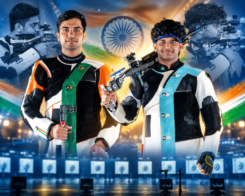 Himanshu Dhillon and Rudrankksh Balasaheb Patil celebrate India’s double podium finish in Men’s 10m Air Rifle at Asian Games 2026