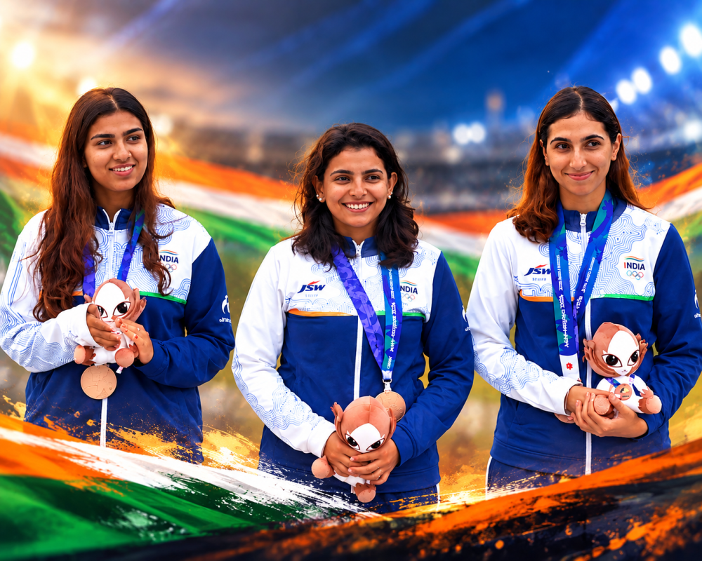 Raiza Dhillon, Maheshwari Chauhan and Parinaaz Dhaliwal celebrate India’s bronze medal in women’s skeet at Asian Games 2026