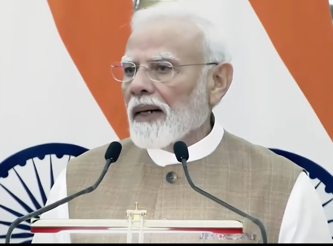 Prime Minister Narendra Modi and Polish Prime Minister Donald Tusk deliver a joint press statement at Hyderabad House in New Delhi.
