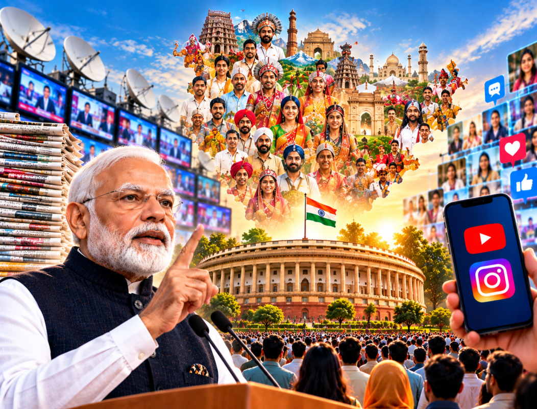 Prime Minister Narendra Modi speaking about India as the Mother of Democracy, with visuals representing Indian diversity, media and digital platforms.
