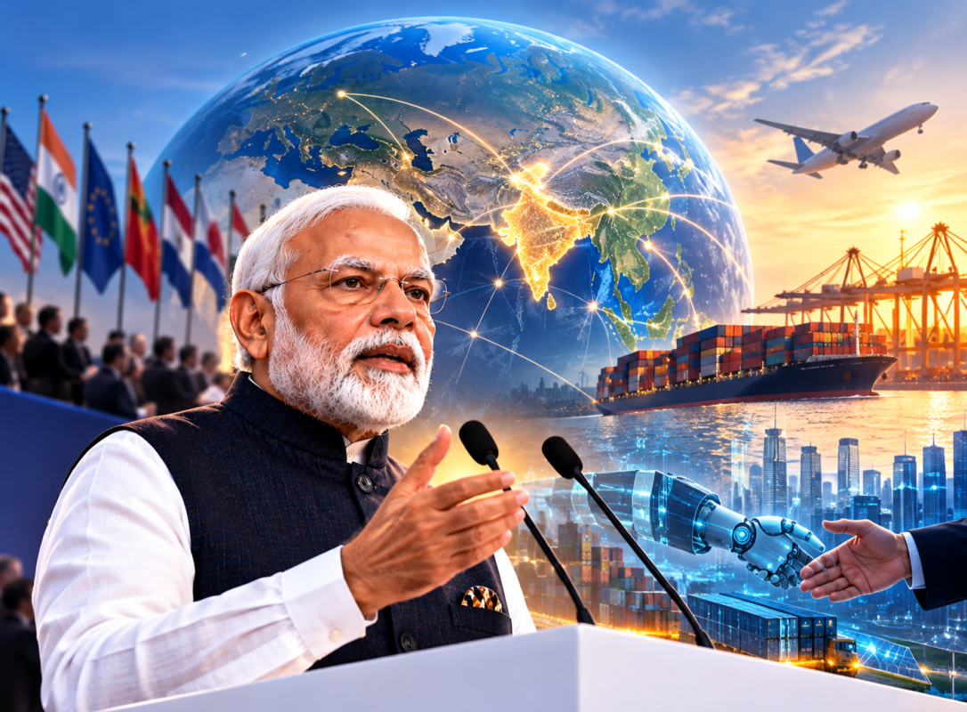 Prime Minister Narendra Modi addressing the Bloomberg New Economy Forum on global challenges, trust, supply chains and India's international partnerships.