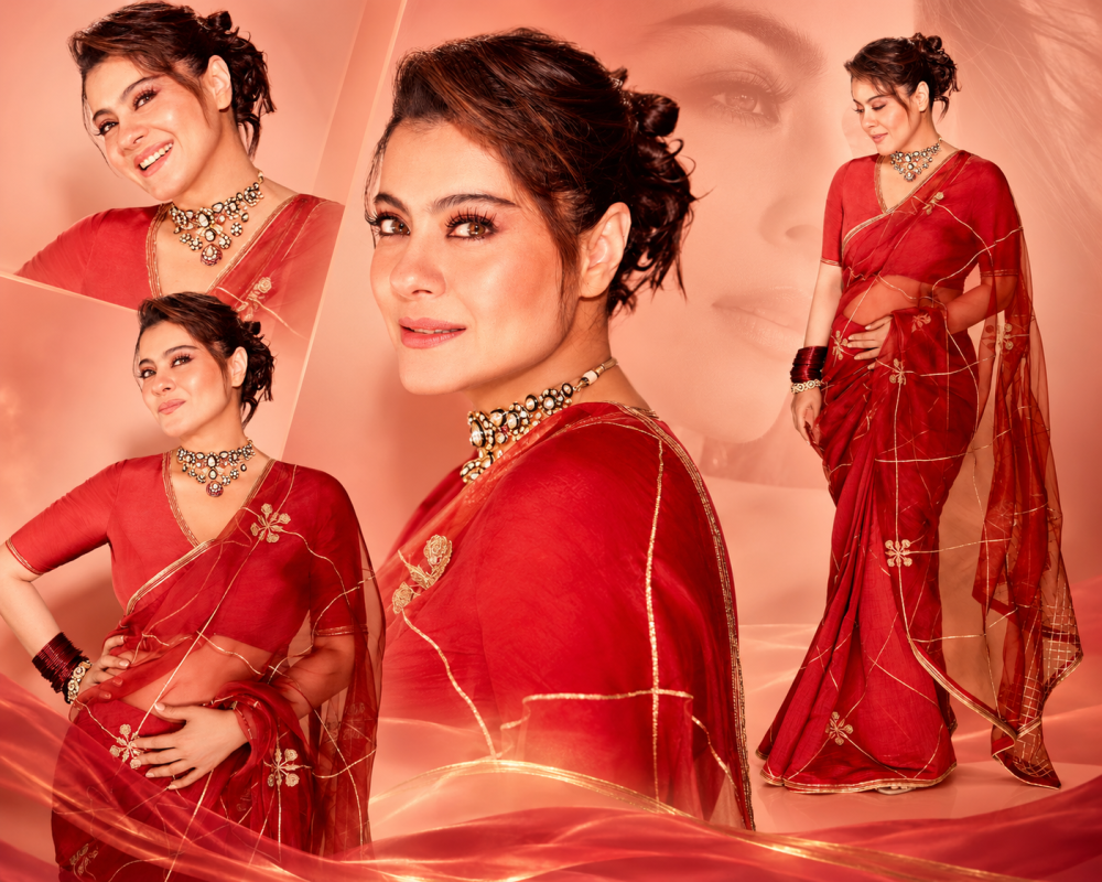 Kajol looks elegant in a sheer red saree with gold embroidery, a statement polki choker and traditional red bangles.
