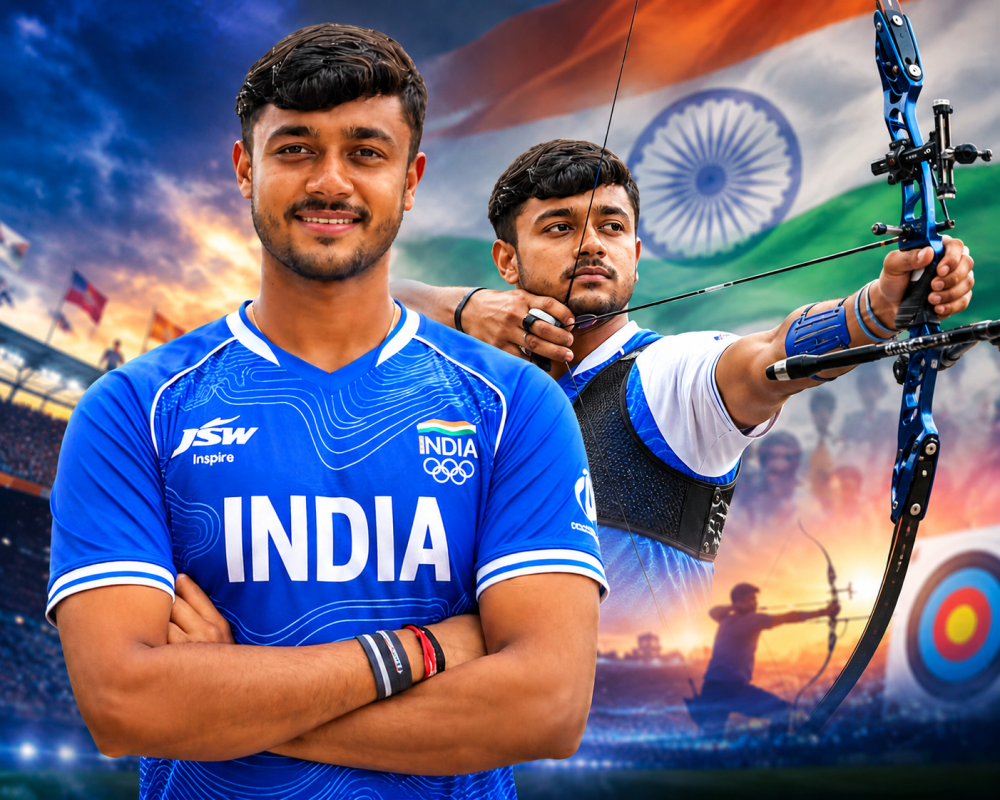 Neeraj Chauhan celebrates after winning bronze in the Men’s Individual Recurve event at the Asian Games 2026