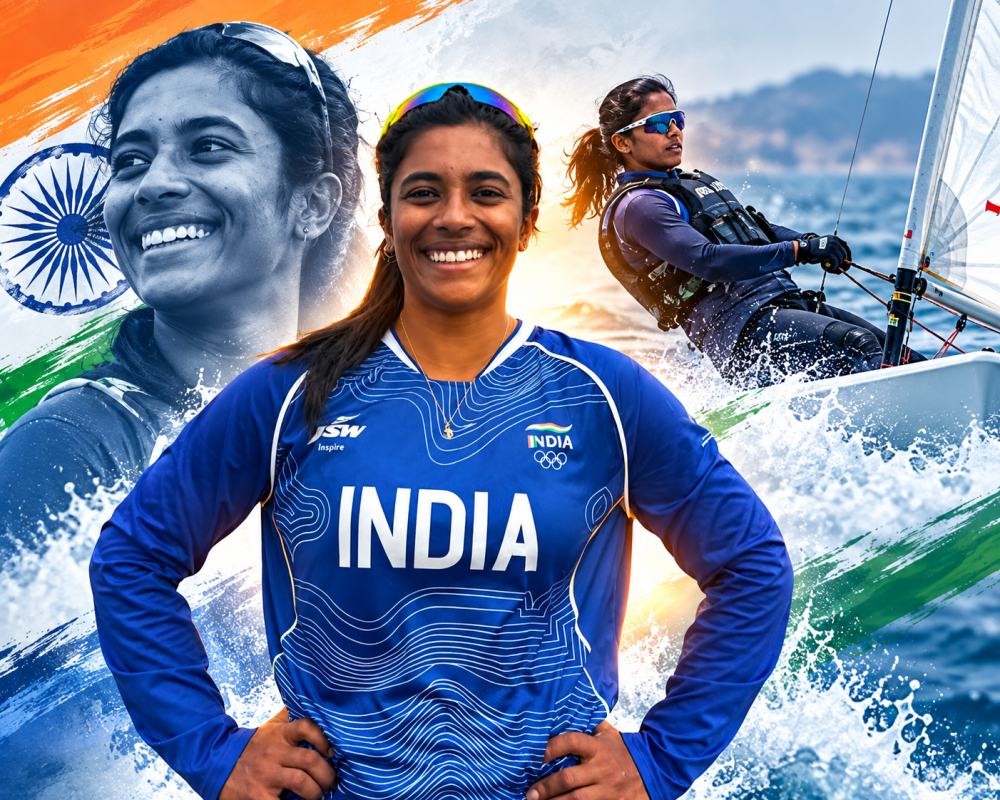 Nethra Kumanan celebrates after winning bronze in the Women’s Dinghy sailing event at the 2026 Asian Games in Gamagori, Japan.