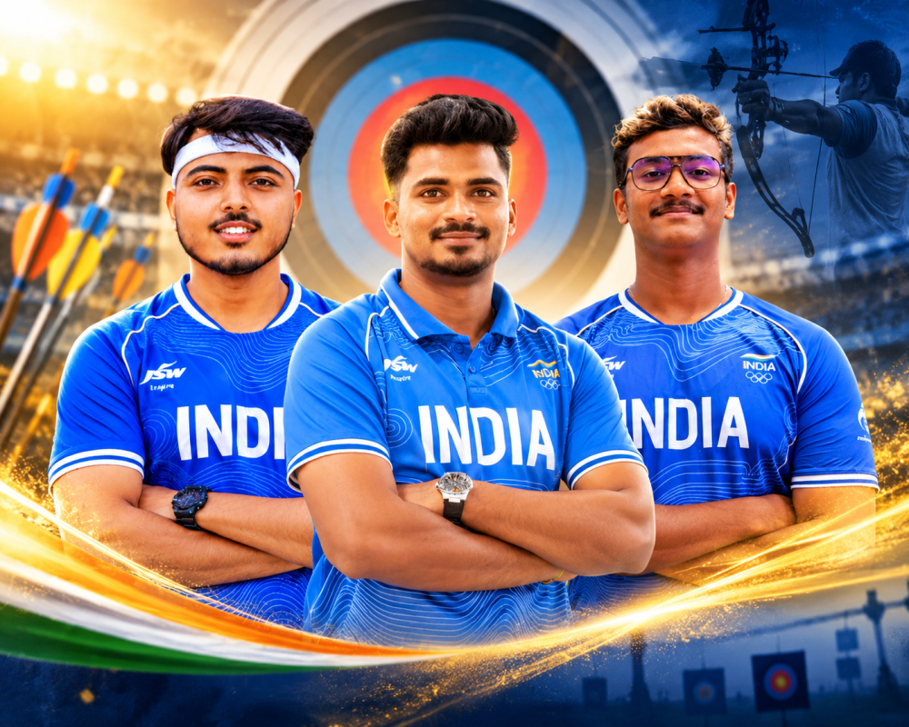 Kushal Dalal, Sahil Jadhav and Ganesh Thirumuru celebrate India’s compound archery men’s team gold at Asian Games 2026