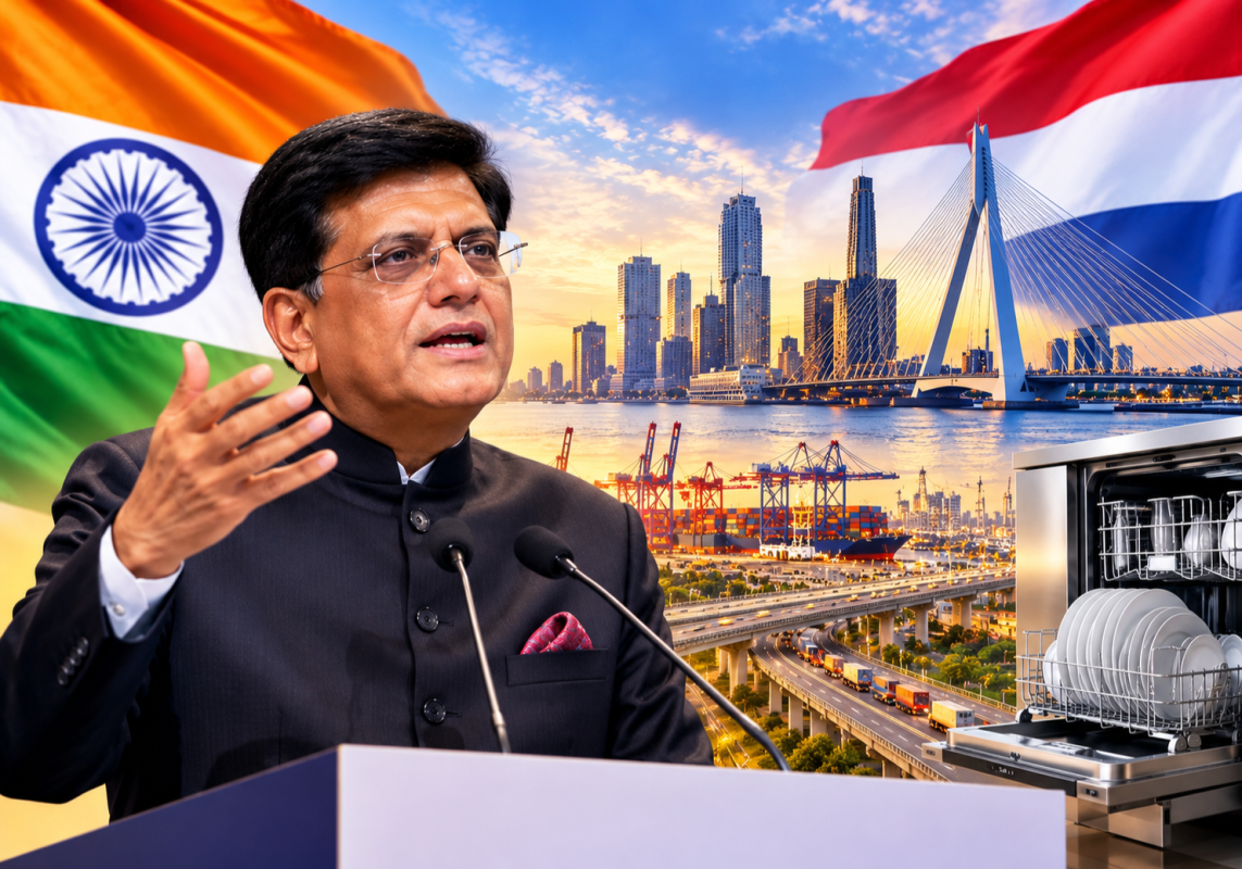 Union Commerce and Industry Minister Piyush Goyal speaking about India's market potential, Dutch technology and infrastructure investment in The Hague.