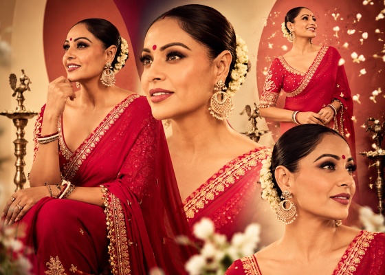 Timeless Elegance: Bipasha Basu’s Festive Symphony in Crimson and Gold