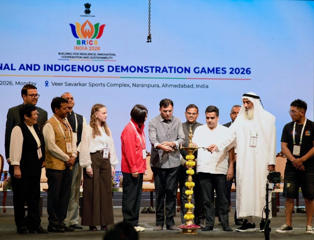 Union Sports Minister Mansukh Mandaviya inaugurates the BRICS Traditional and Indigenous Sports Demonstration Games 2026 at Veer Savarkar Sports Complex in Ahmedabad.