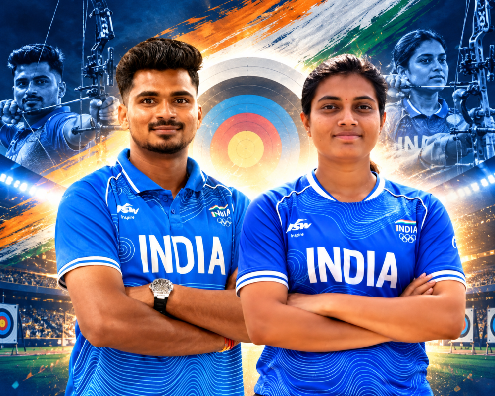 Sahil Rajesh Jadhav and Taniparthi Chikitha celebrate after winning compound mixed team gold for India at the 2026 Asian Games.