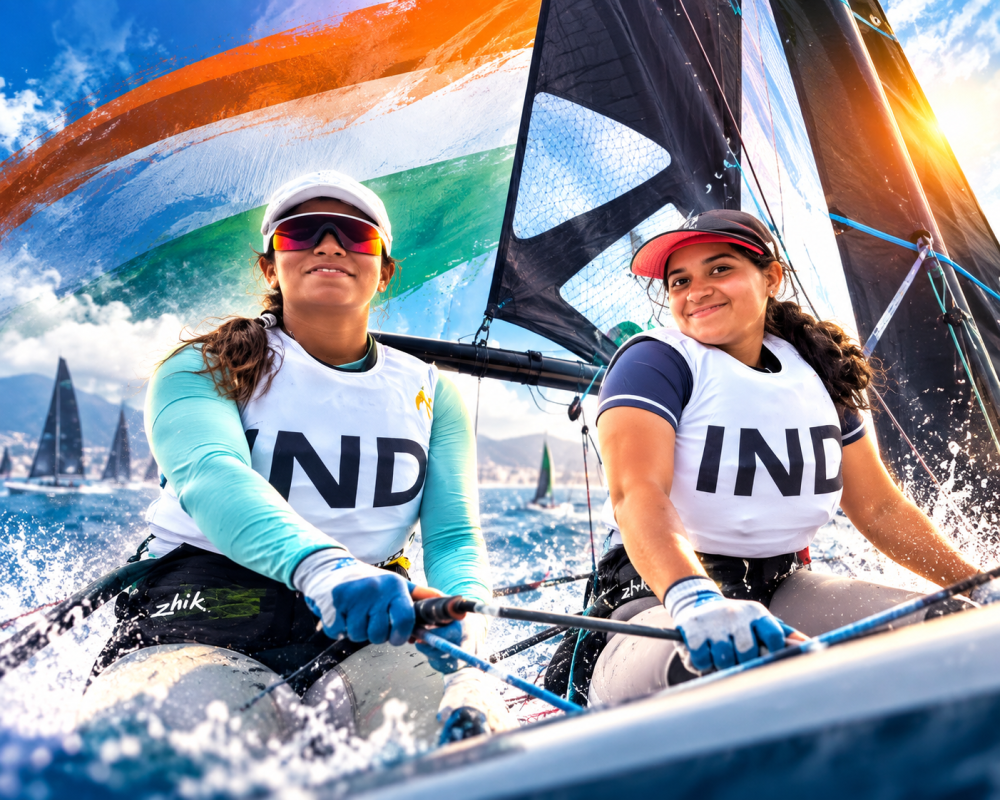 Harshita Tomar and Shital Verma celebrate their bronze medal in the Women’s Skiff event at the 2026 Asian Games.