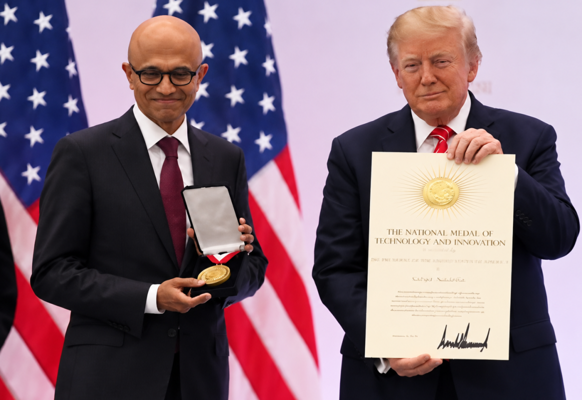 Donald Trump presents the National Medal of Technology and Innovation to Microsoft CEO Satya Nadella in Washington.