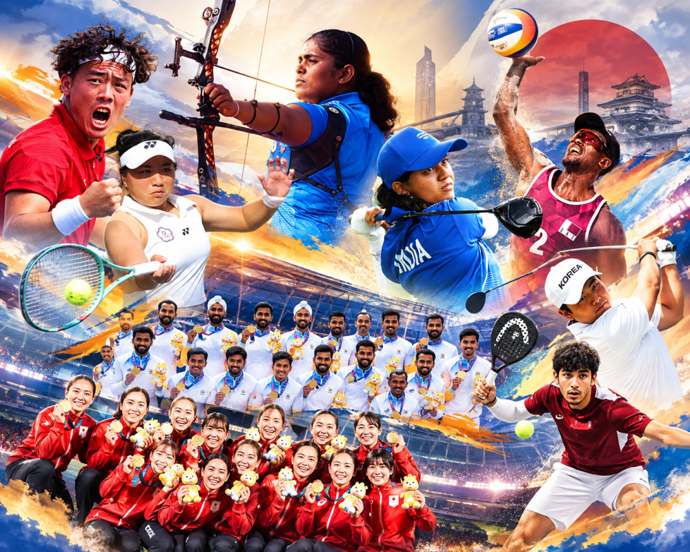 Asian Games 2026 Day 14 sports collage featuring Indian athletes and medal-winning teams, highlighting India’s fourth-place position in the medal standings.