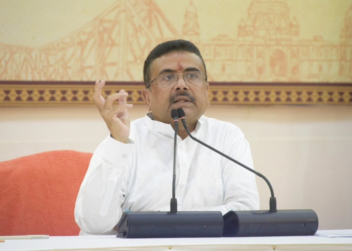 West Bengal Chief Minister Suvendu Adhikari chairs a meeting at Bhavani Bhavan, the state police headquarters in Kolkata.