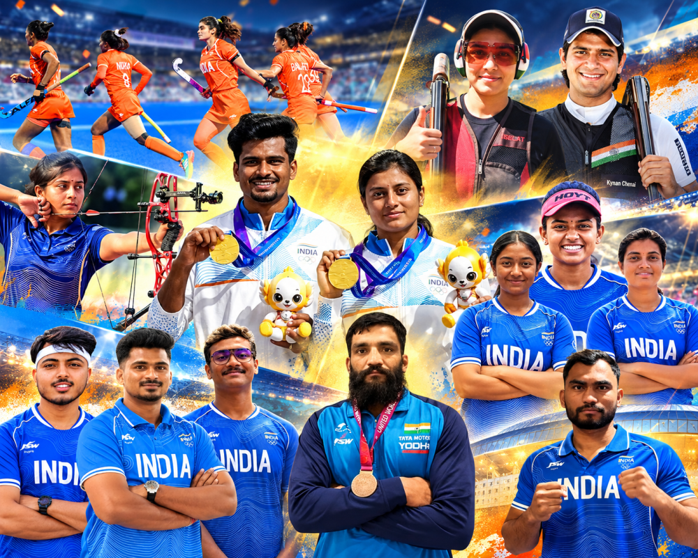 Indian athletes celebrate India’s four gold medals in compound archery and trap mixed team at Asian Games 2026