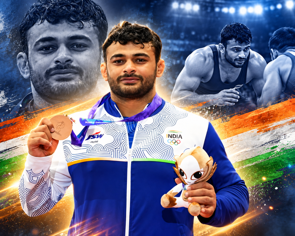 Indian wrestler Deepak Punia celebrates after winning bronze in the Men’s 97kg freestyle category at the 2026 Asian Games