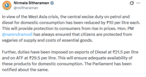 India Slashes Excise Duty on Petrol & Diesel Amid West Asia Crisis to Shield Consumers