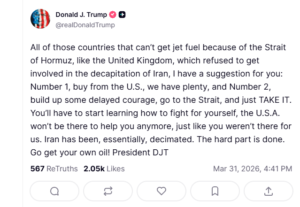 Trump Tells UK to “Take” Oil from Strait of Hormuz, Criticizes Allies for Lack of Support