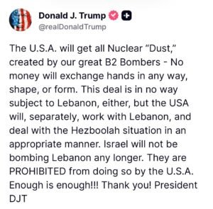 Trump Claims U.S. Control Over Nuclear Materials, Announces Halt to Israel Strikes on Lebanon