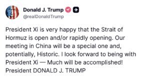 Donald Trump Signals Key Meeting With Xi Jinping Amid Strait of Hormuz Developments
