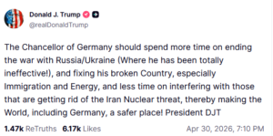 Donald Trump criticises Germany’s Chancellor over handling of the Ukraine war, immigration, energy issues, and Iran nuclear policy in a Truth Social post.