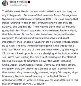 Trump Claims US Forces ‘Clearing’ Strait of Hormuz, Says Iranian Mine-Laying Boats Destroyed