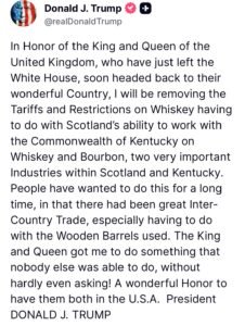 Trump Announces Removal of Whiskey Tariffs After Meeting King Charles III and Queen Camilla at White House