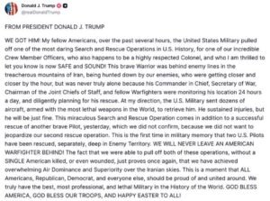 Trump Announces Dramatic U.S. Military Rescue of Air Force Colonel from Iran: “We Got Him Safe and Sound”