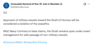 Iran Warns Against Military Presence Near Strait of Hormuz, Vows “Severe Response” for Ceasefire Violations