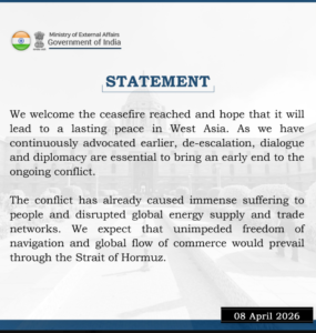 India Welcomes West Asia Ceasefire, Calls for Dialogue and Stability in Strait of Hormuz