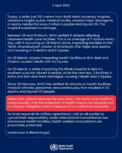 WHO Chief Warns of Rising Attacks on Healthcare in Lebanon, Urges Global Action