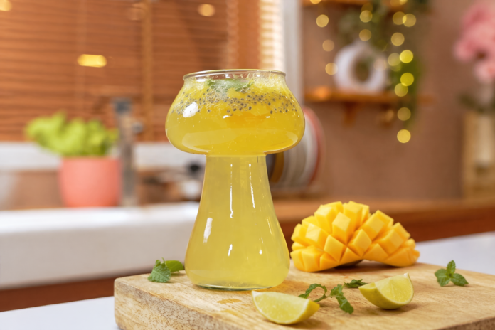 Mango fizz drink with sabja seeds, mint and lemon on a wooden board