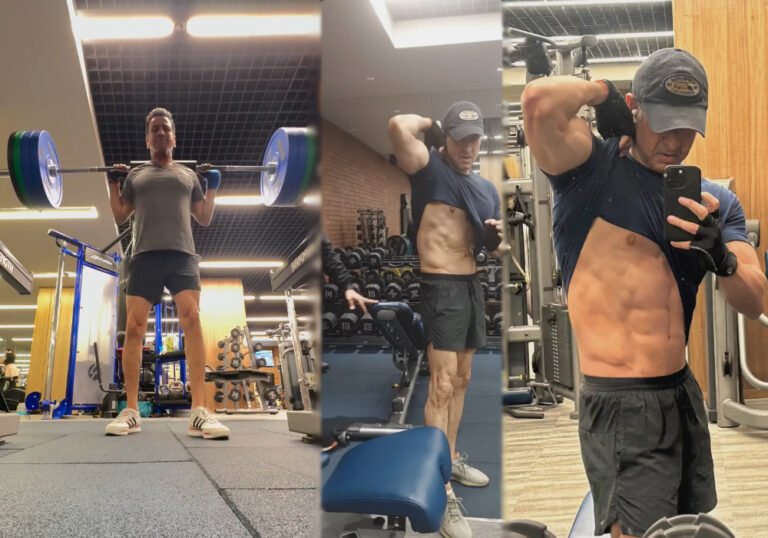 Ronit Roy fitness at 60 lifting weights with 6-pack abs during intense workout