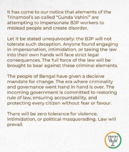 BJP accuses Trinamool Congress-linked elements of impersonating party workers in West Bengal, warns of strict legal action and vows to restore law and order.