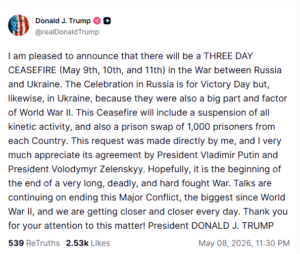 Trump Announces 3-Day Ceasefire in Russia-Ukraine War, Signals Possible Turning Point