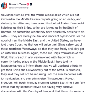 Trump Announces ‘Project Freedom’ to Escort Global Ships Through Strait of Hormuz
