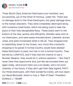 Donald Trump Claims US Destroyers Repelled Iranian Attack in Strait of Hormuz, Warns of Stronger Response